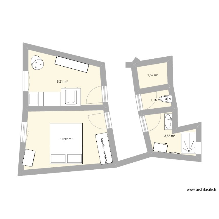 Sdb. Plan de 5 pièces et 25 m2