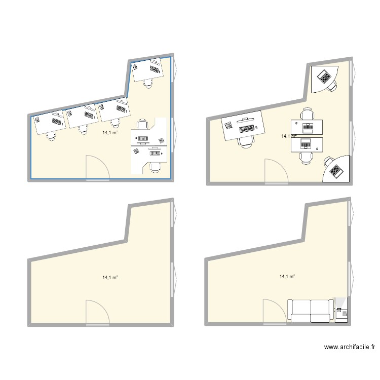 Cowork. Plan de 4 pièces et 56 m2