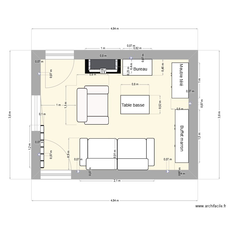 Salon V2. Plan de 1 pièce et 13 m2