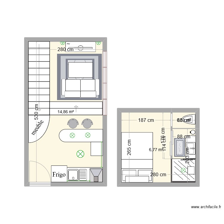 appart étudiant rez de chaussée. Plan de 3 pièces et 22 m2