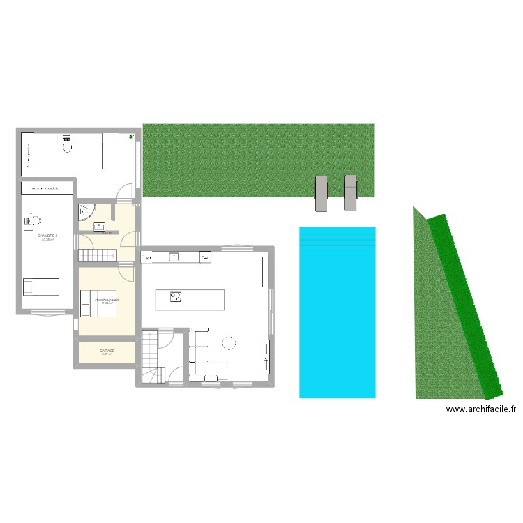 Extension deux chambres. Plan de 4 pièces et 60 m2