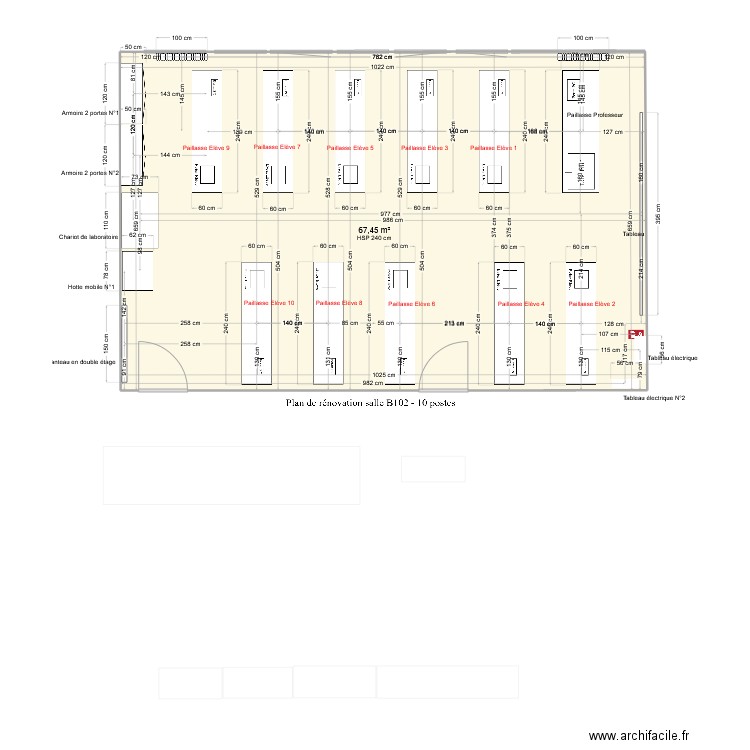 Plan rénovation laboratoire salle B 102 - version 10 postes. Plan de 1 pièce et 67 m2