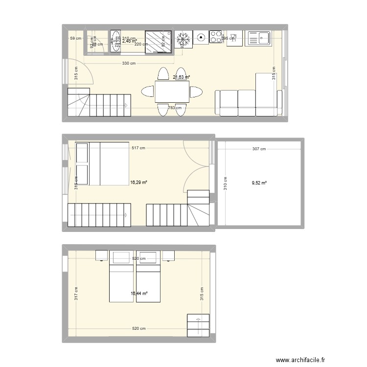 Avventura. Plan de 5 pièces et 66 m2