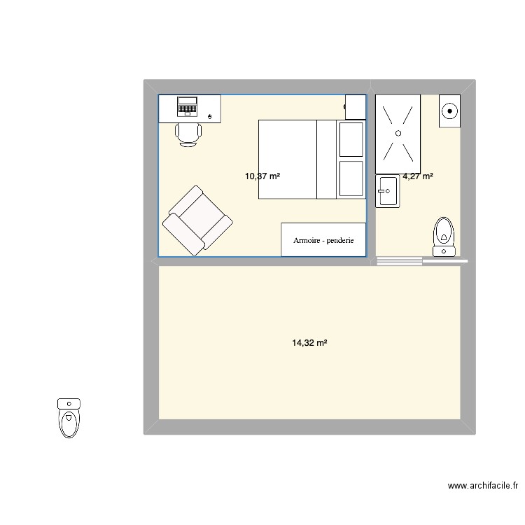 habitat partagé. Plan de 3 pièces et 29 m2