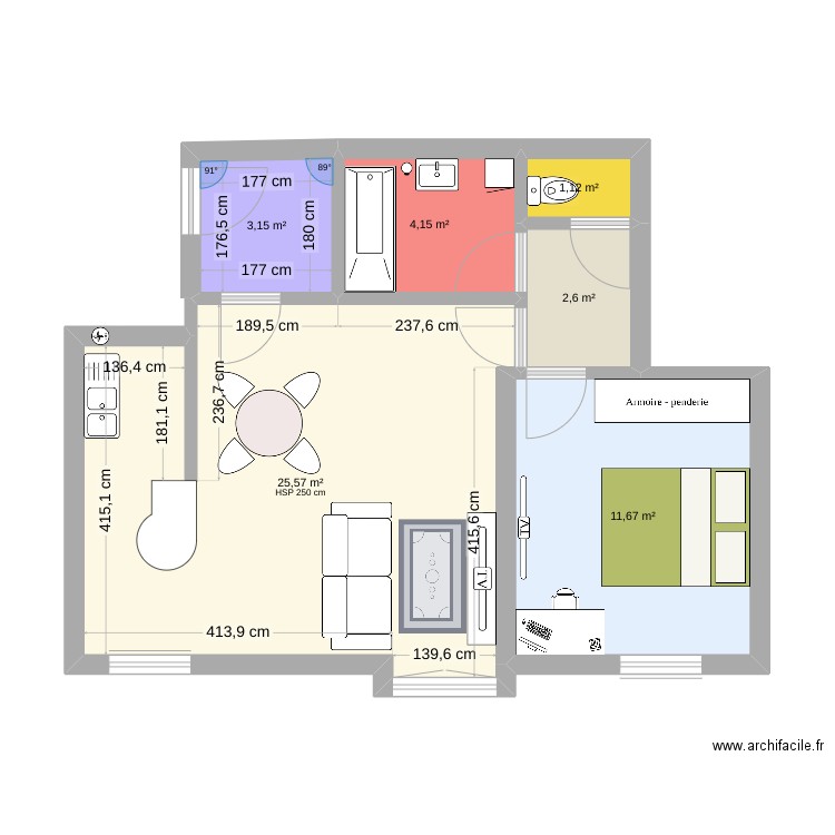 T2ARM2. Plan de 6 pièces et 48 m2