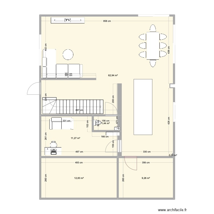 RDC. Plan de 6 pièces et 98 m2