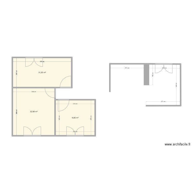 Maison chambre 1er étage. Plan de 3 pièces et 33 m2