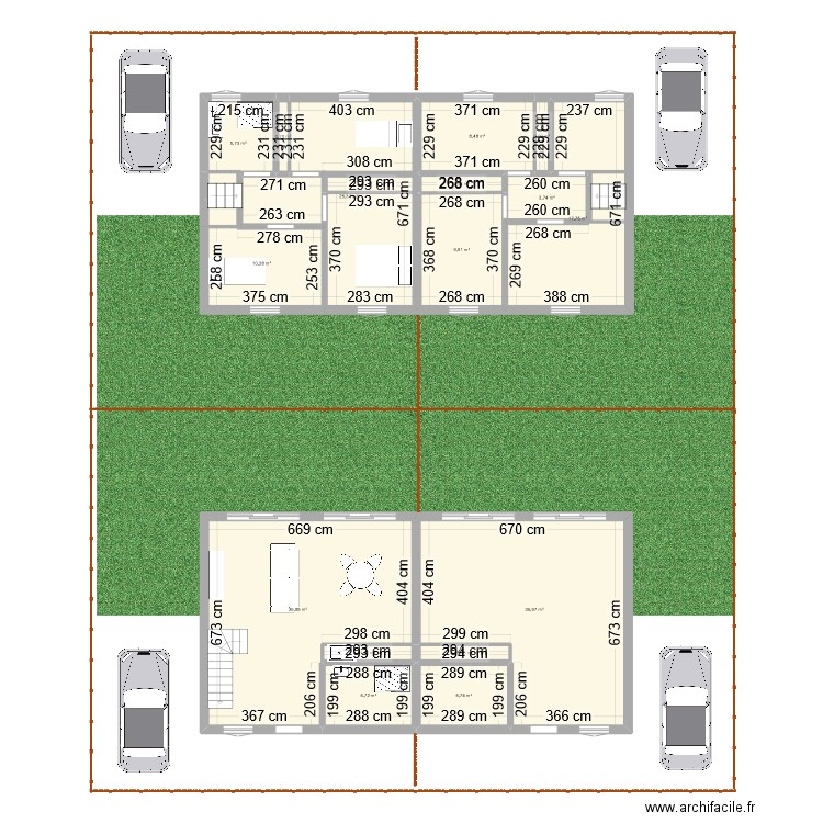 4 maisons . Plan de 16 pièces et 173 m2
