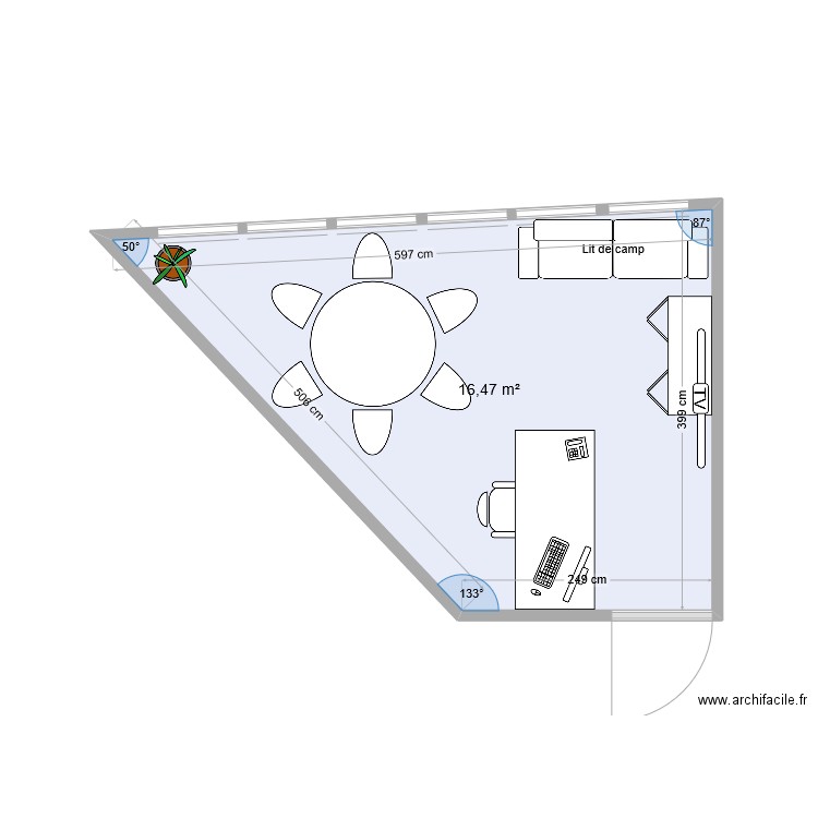 Bureau. Plan de 1 pièce et 16 m2