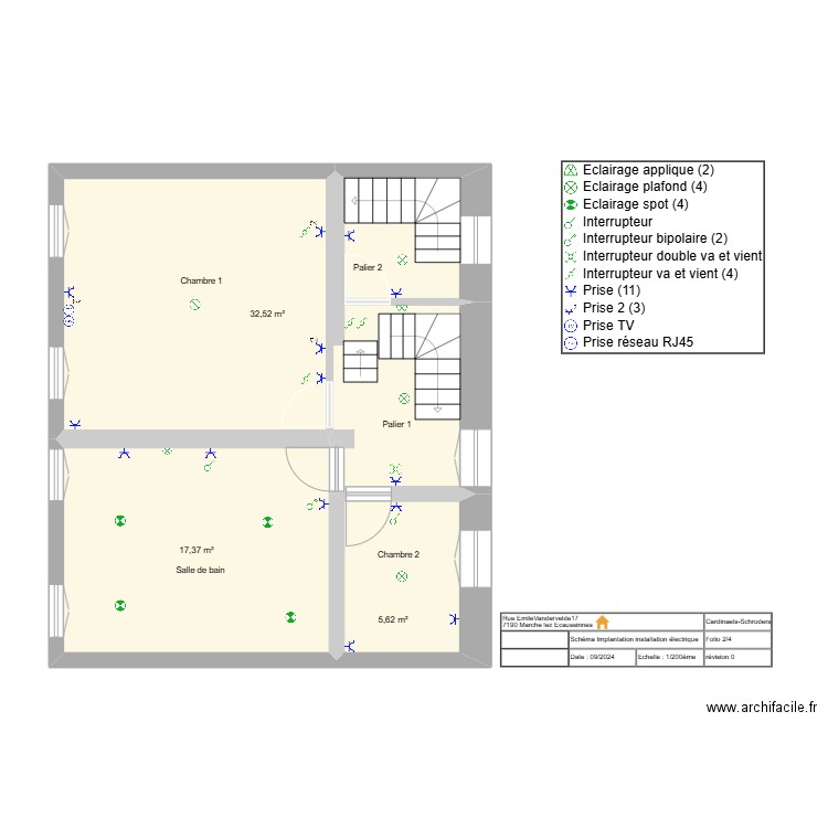 Niveau+1_Chambre 1 & 2 - salle de bain. Plan de 3 pièces et 56 m2