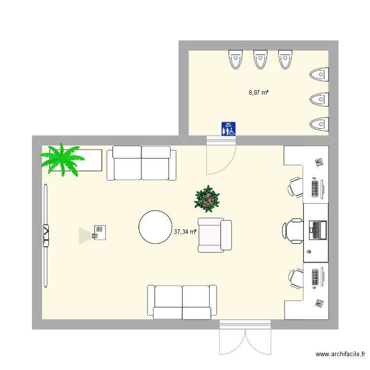 Salle détente. Plan de 2 pièces et 46 m2