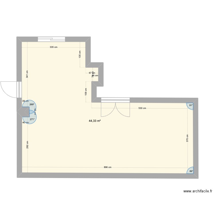 cuisine. Plan de 1 pièce et 44 m2