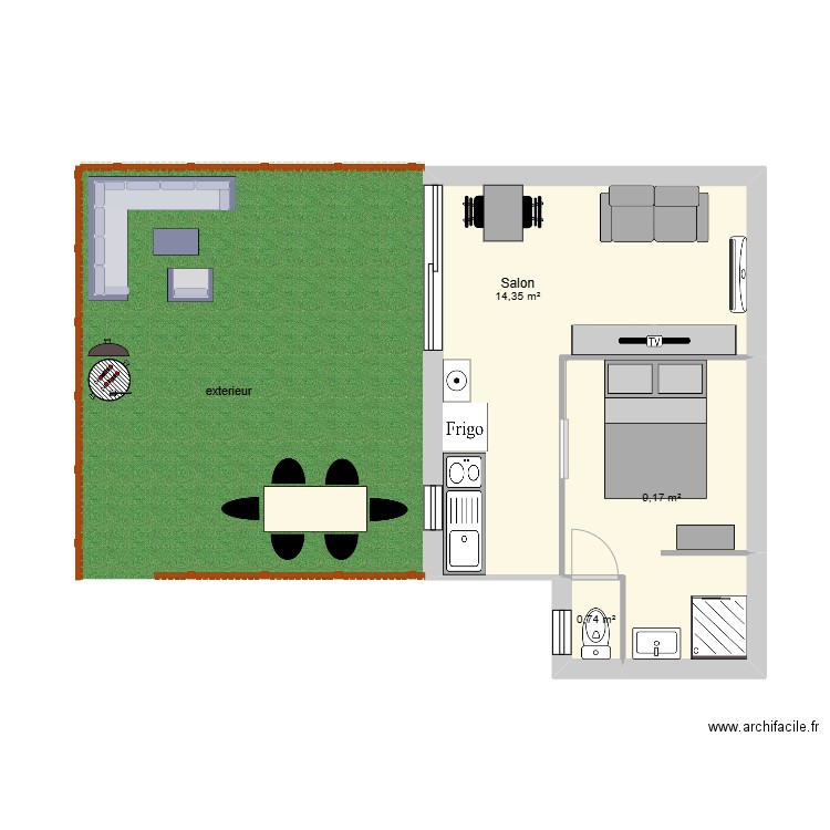 studio. Plan de 2 pièces et 24 m2