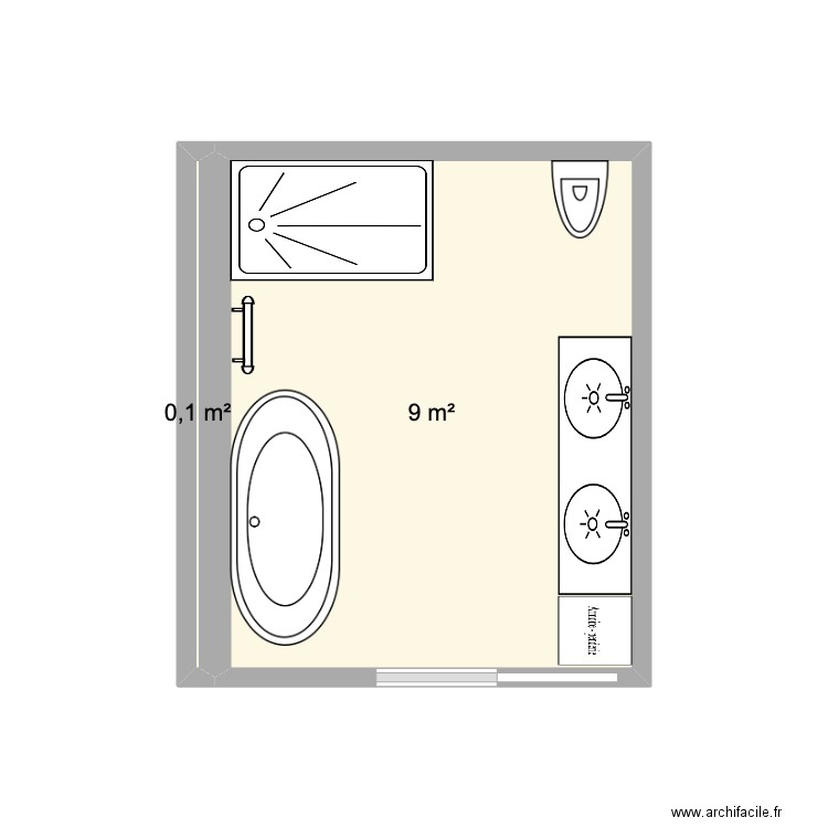 Salle de bain étage. Plan de 2 pièces et 9 m2