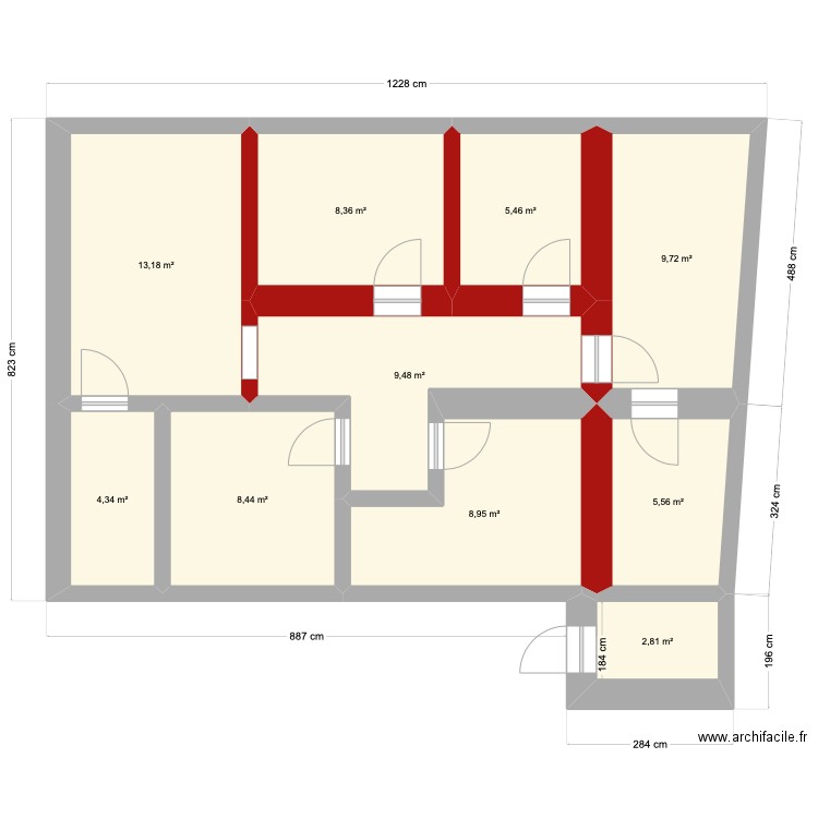 Plan initial. Plan de 10 pièces et 76 m2