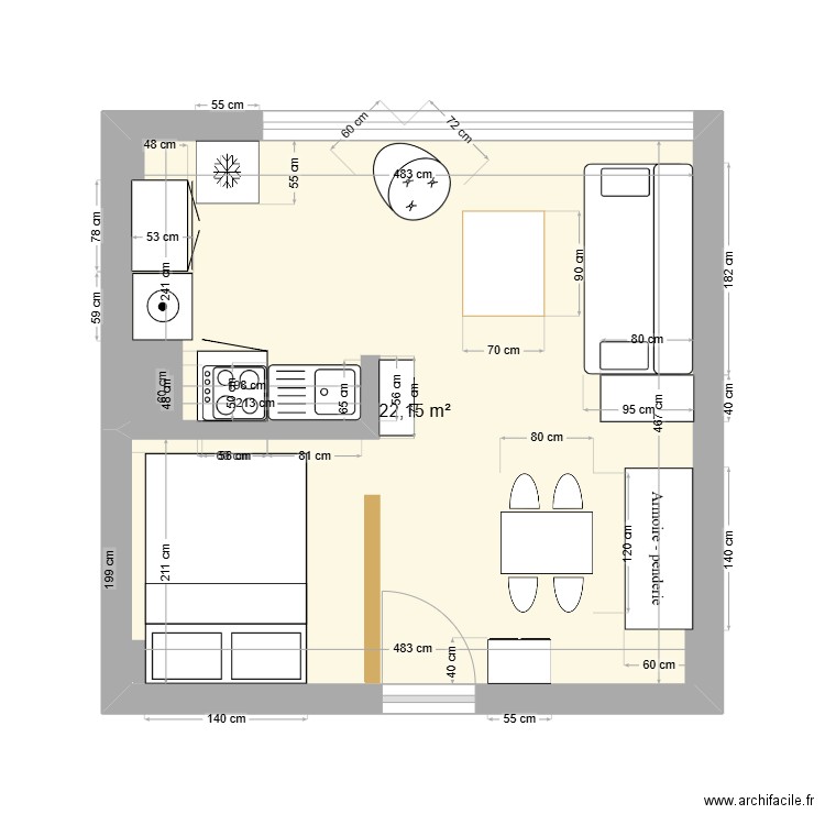 Appart. Plan de 1 pièce et 22 m2