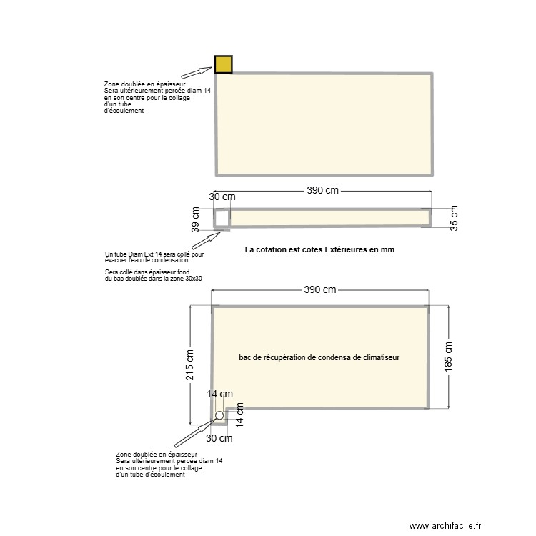 Bac PVC condensa sans tube. Plan de 3 pièces et 15 m2