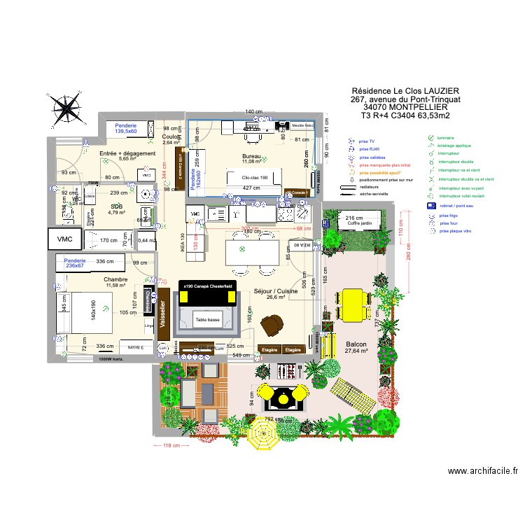 T3 C3404 _ Résidence Le Clos Lauzier 4 (cuisine 3m). Plan de 8 pièces et 91 m2