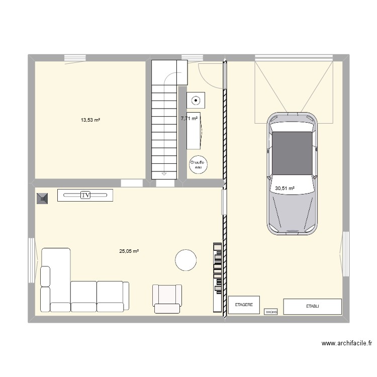 garage. Plan de 4 pièces et 77 m2