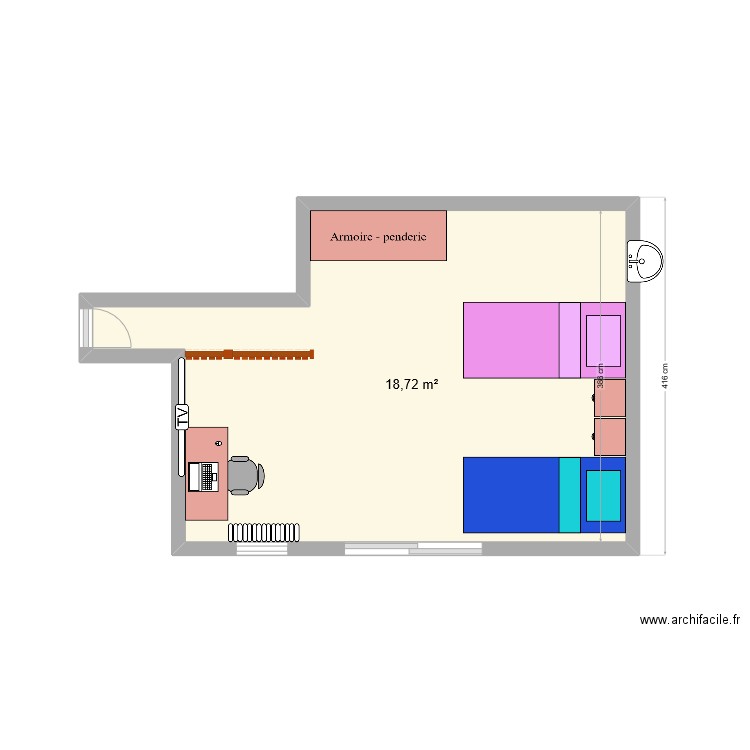 Chambre vs Etienne. Plan de 1 pièce et 19 m2