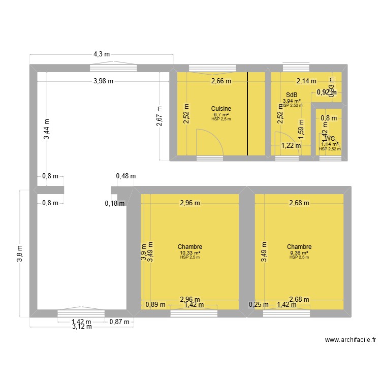 Cuisine-SdB-WC Ph3. Plan de 5 pièces et 31 m2