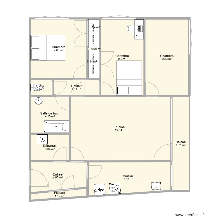 appart. Plan de 15 pièces et 79 m2