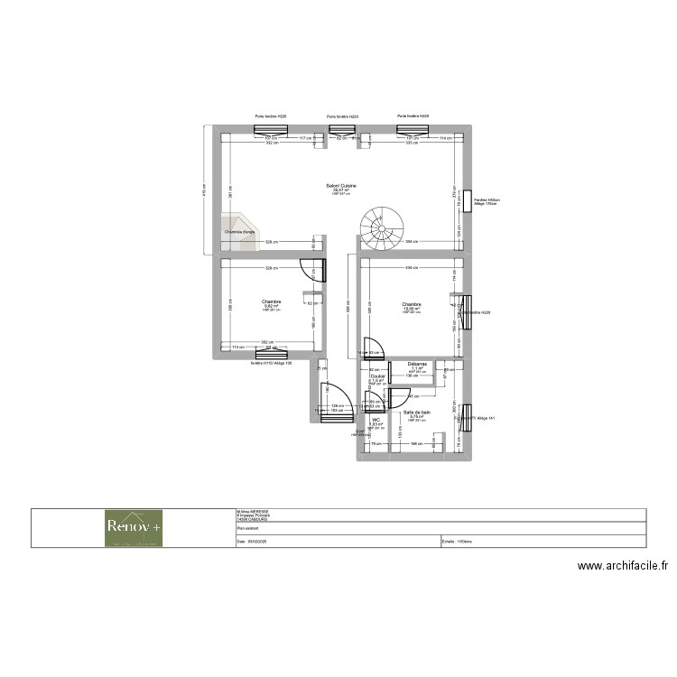 Plan existant . Plan de 8 pièces et 65 m2