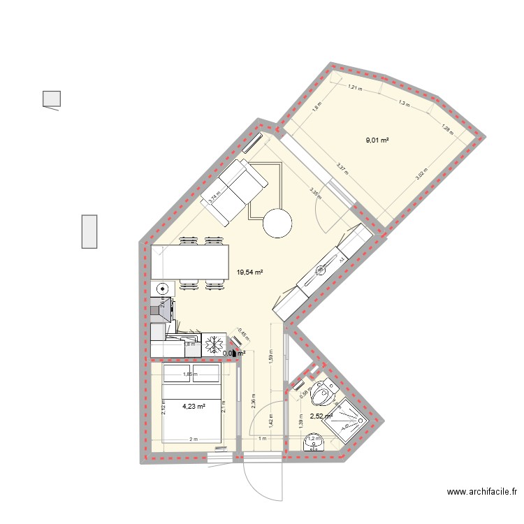 Studio Carnac 1. Plan de 5 pièces et 35 m2