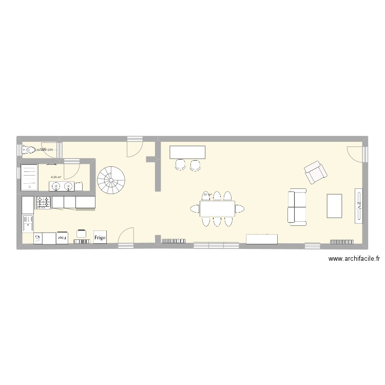 RDC. Plan de 3 pièces et 88 m2