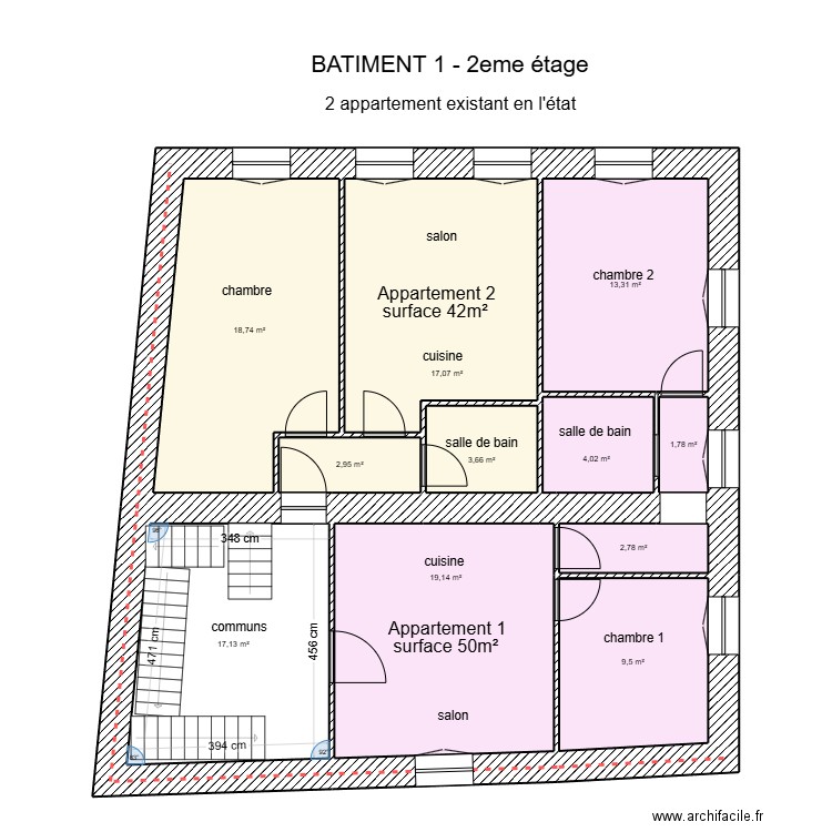  Bâtiment 1 2eme étage + estimation loyer + travaux léger . Plan de 11 pièces et 110 m2