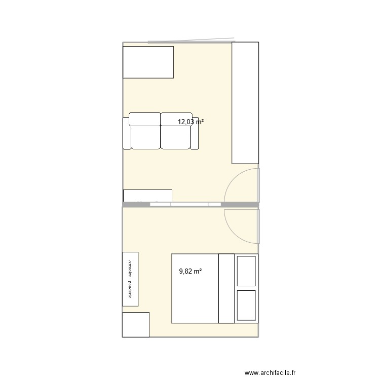 Studio. Plan de 2 pièces et 22 m2