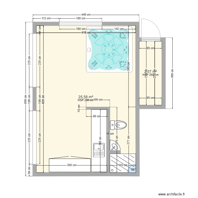 salle d'eau. Plan de 2 pièces et 28 m2