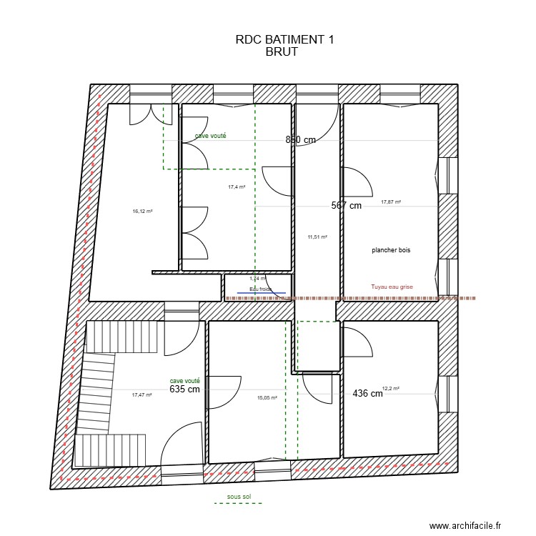 rdc Bâtiment 1 brut. Plan de 8 pièces et 109 m2