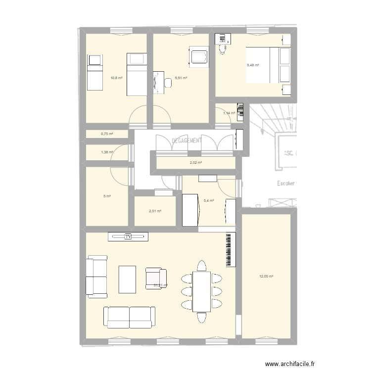 Aguesseau. Plan de 12 pièces et 92 m2