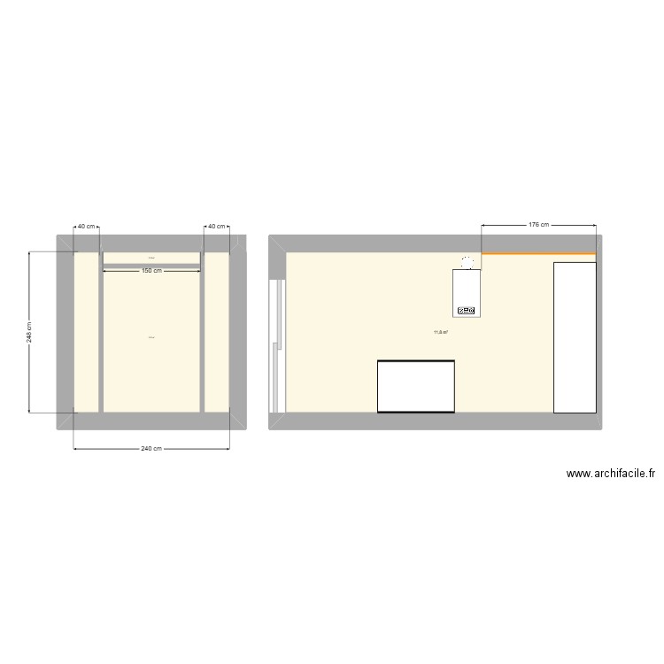 Cuisine mur chaudière. Plan de 3 pièces et 17 m2