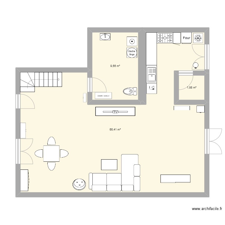 rdc. Plan de 3 pièces et 78 m2