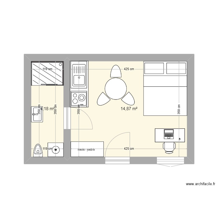 HELLA STUDIO. Plan de 2 pièces et 19 m2