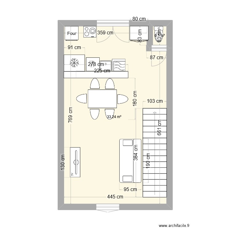 Salon Cuisine WC V2. Plan de 2 pièces et 34 m2