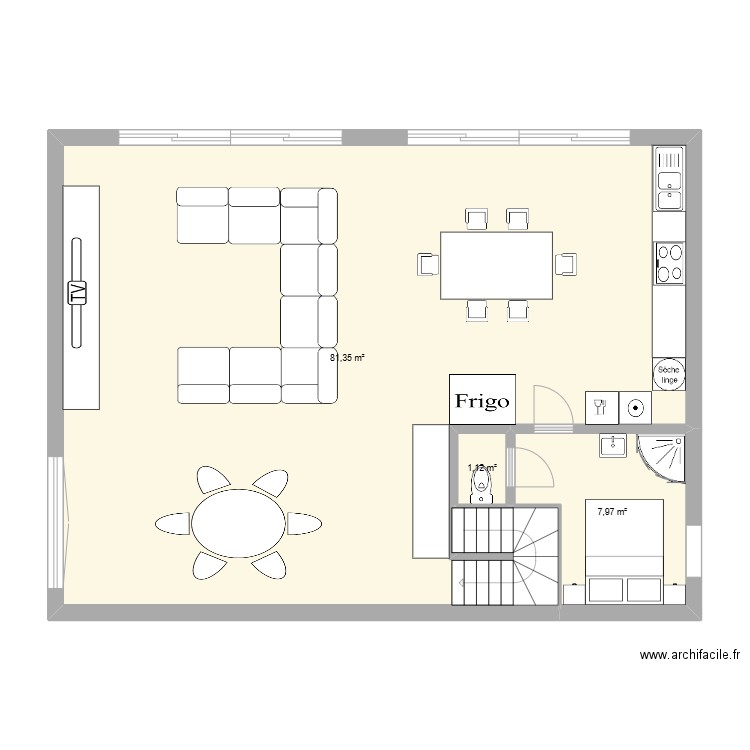 Fours à Chaux REZ-1+. Plan de 3 pièces et 90 m2