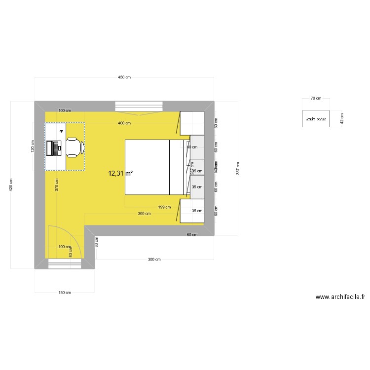 chambre 1. Plan de 1 pièce et 12 m2