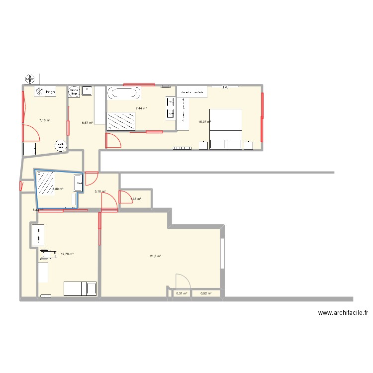 Suite parentale (Suite). Plan de 12 pièces et 87 m2