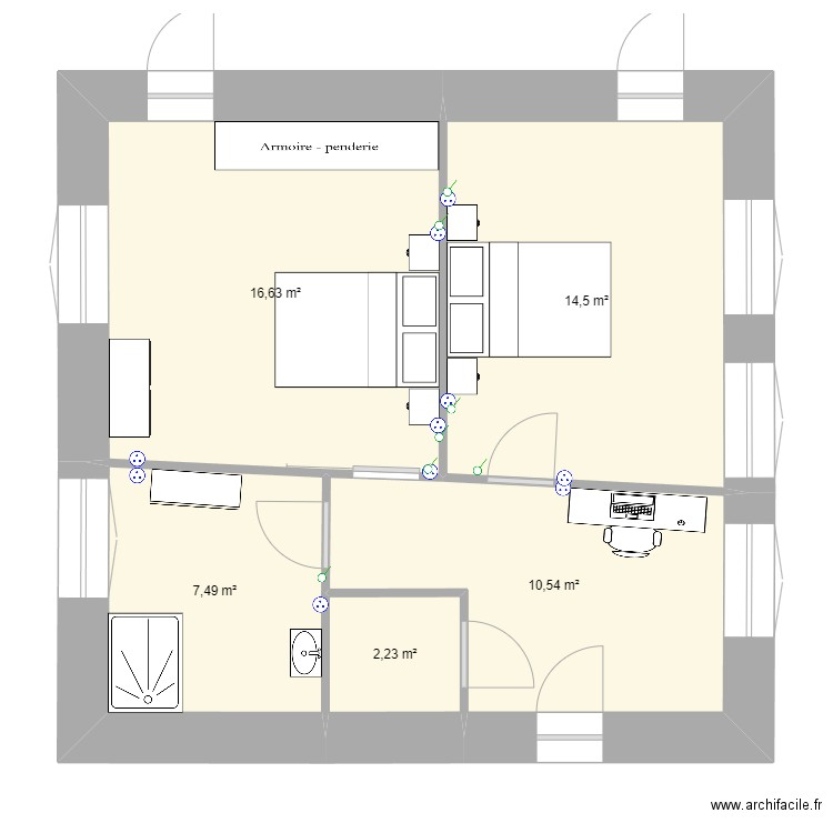 chambre et salle de bain . Plan de 5 pièces et 51 m2