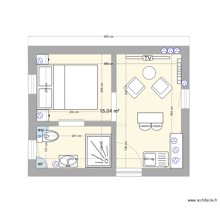 Studio. Plan de 1 pièce et 15 m2