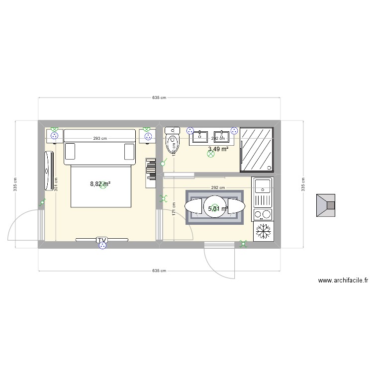 studio cave. Plan de 3 pièces et 17 m2