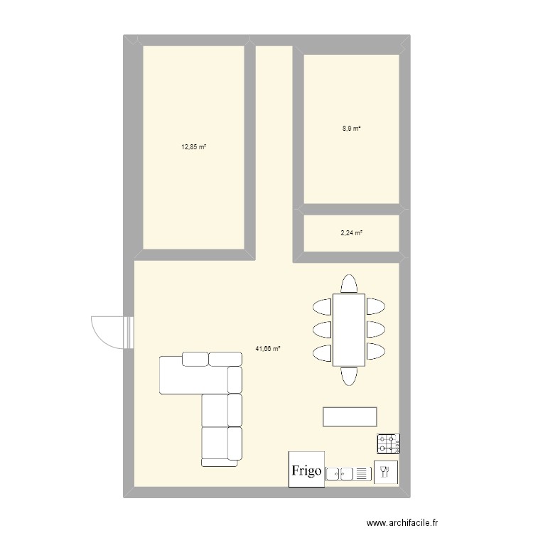 en bas. Plan de 4 pièces et 66 m2