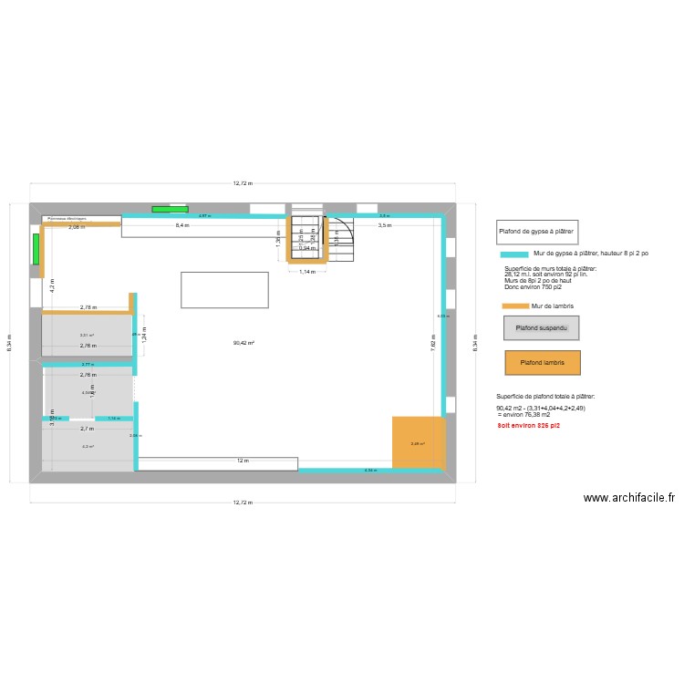 1er étage-pour plâtre. Plan de 1 pièce et 90 m2