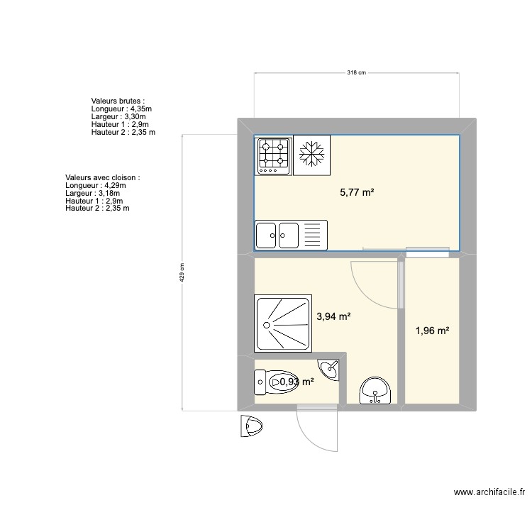 Plan SdB hangar_V2. Plan de 4 pièces et 13 m2