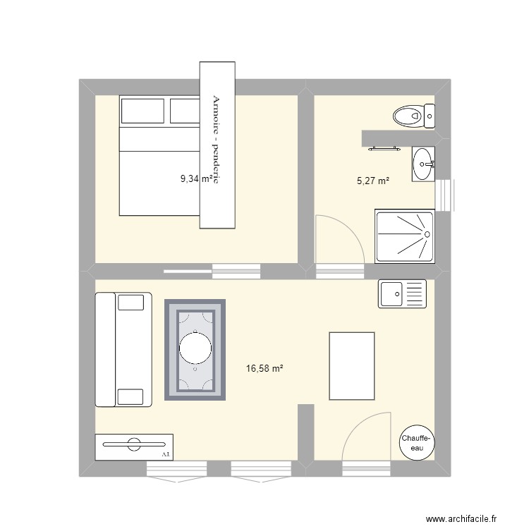 T2 Gond Pontouvre. Plan de 3 pièces et 31 m2