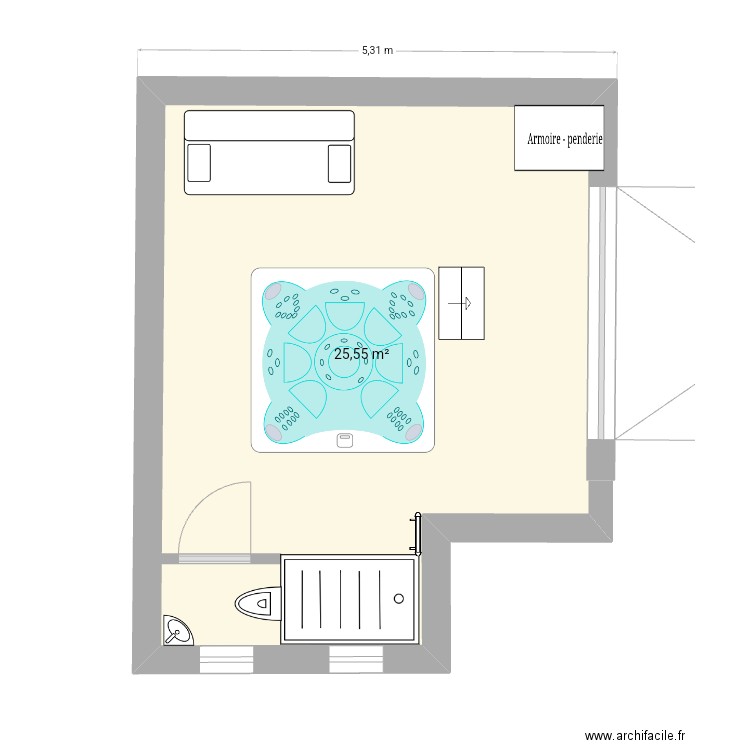 Jacuzzi avec  cotations intérieures. Plan de 1 pièce et 26 m2