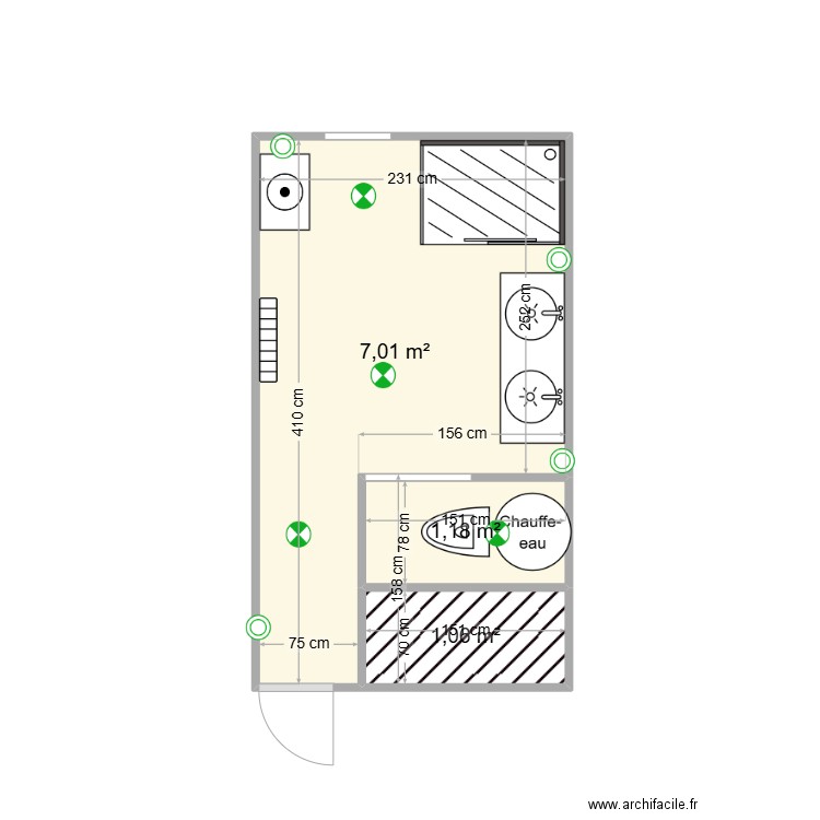 SDB. Plan de 3 pièces et 9 m2